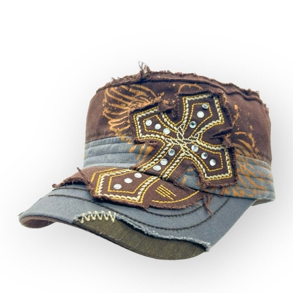 Leader Winged Cross Distressed Cadet Brown Embellished Cap - Picture 8 of 15